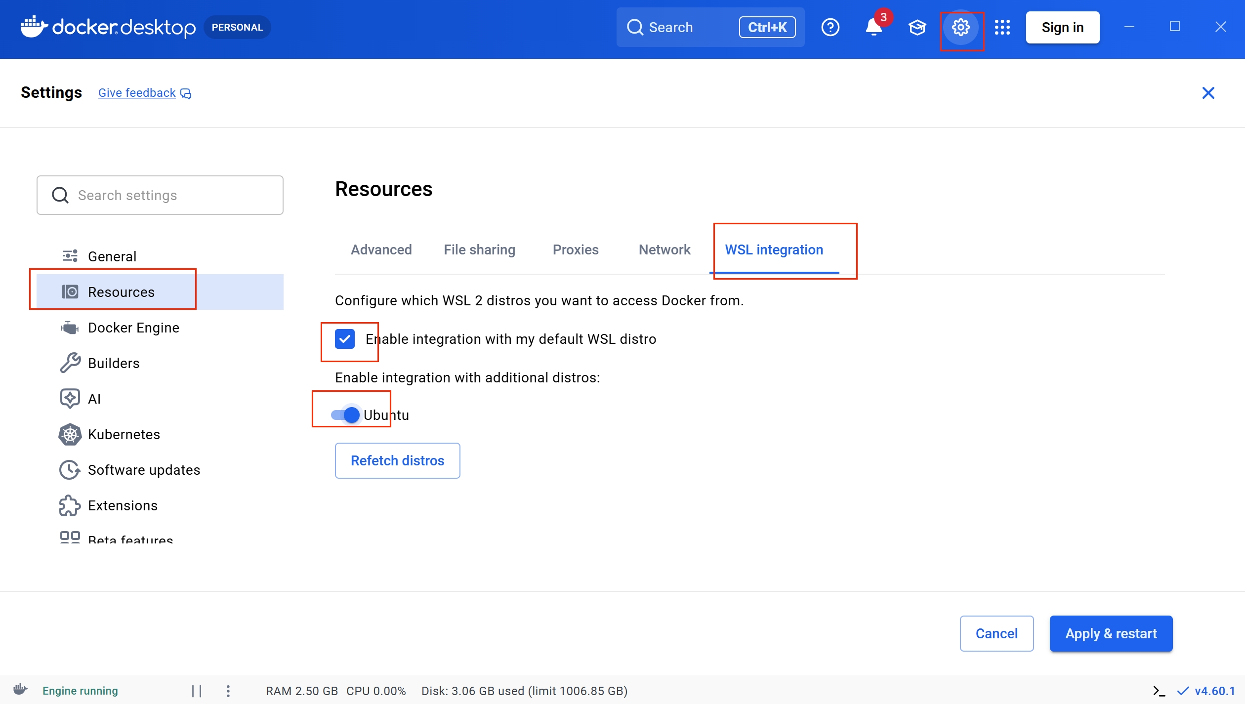 Docker WSL Integration Settings